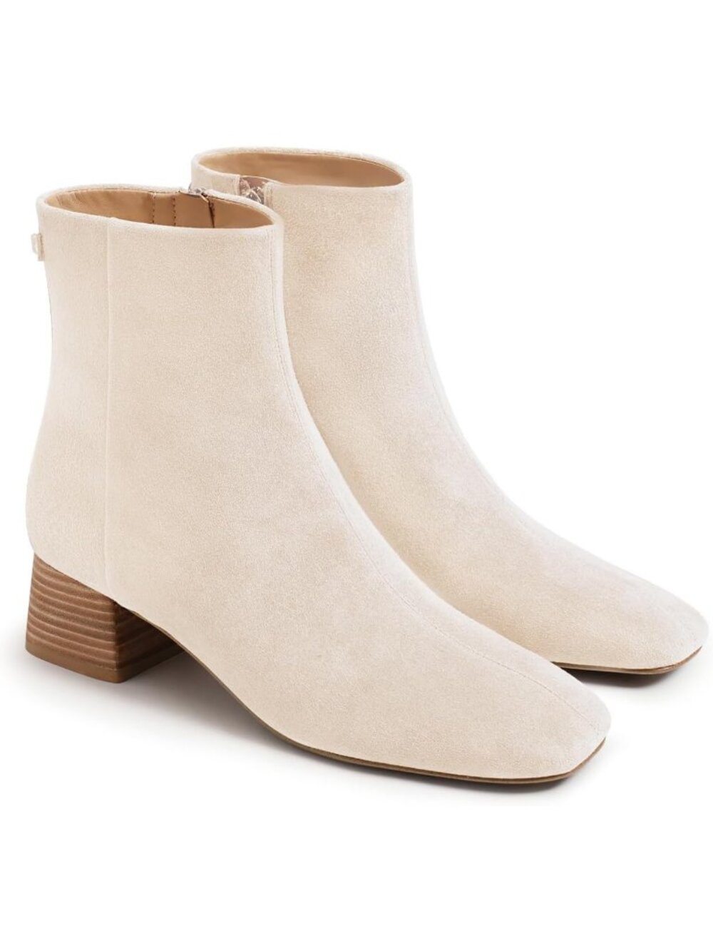Women's Beige Faux Suede Chunky Low Heel Square Toe Side Zipper Ankle Boots